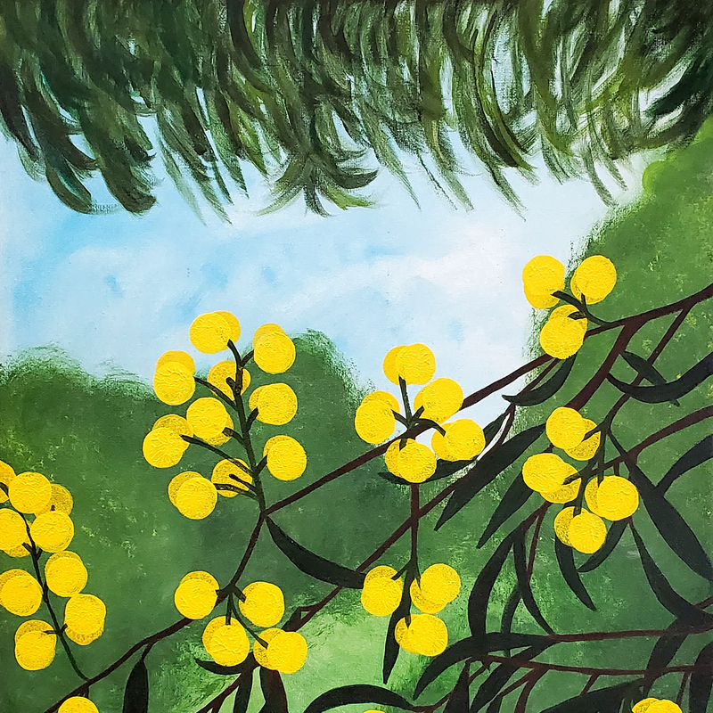 "Spring Wattle" bursts with vibrant waves of yellow and green, celebrating gratitude, renewal, and resilience. Bright blossoms, like tiny suns, radiate vitality, while upward-reaching branches in lush green symbolise strength and growth after winter’s stillness. A soft blue sky cradles the scene, promising fresh beginnings and boundless potential.

This piece invites reflection: who or what lights your path, nurturing your growth? It honours the quiet guides and unseen hands that lift us towards the light, reminding us to embrace the gift of simply being. Like these radiant blooms, where might you reach next?