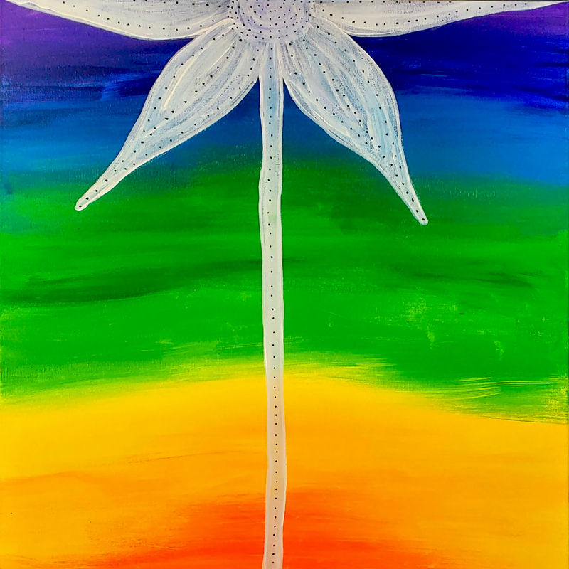 "Growth" symbolises the human journey as a bridge between earthly life and spiritual transcendence. A pure white flower, its roots anchored in vibrant red earth, rises towards the heavens, blossoming in the open sky.

The flowing colours—from deep red earth to warm oranges and yellows, then to cool sky blues—depict growth, transformation, and enlightenment. The white flower embodies the purity of the human spirit, connecting physical and spiritual realms, while its dotted patterns reflect the energy flow of a balanced and dynamic existence.

This piece evokes the power of humans to create their own heaven on earth, with the flower as a symbol of light and spirit—ever-reaching upwards while remaining firmly rooted. It encapsulates the harmony between grounding and transcendence.